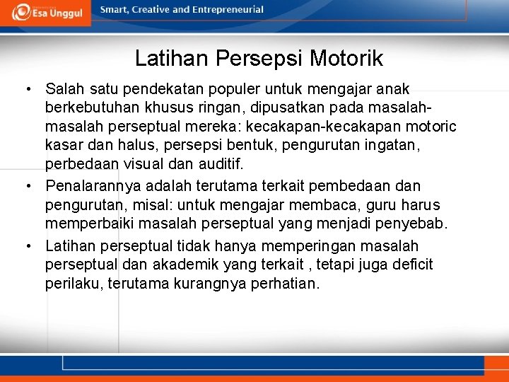 Latihan Persepsi Motorik • Salah satu pendekatan populer untuk mengajar anak berkebutuhan khusus ringan,