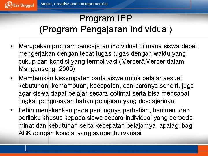 Program IEP (Program Pengajaran Individual) • Merupakan program pengajaran individual di mana siswa dapat