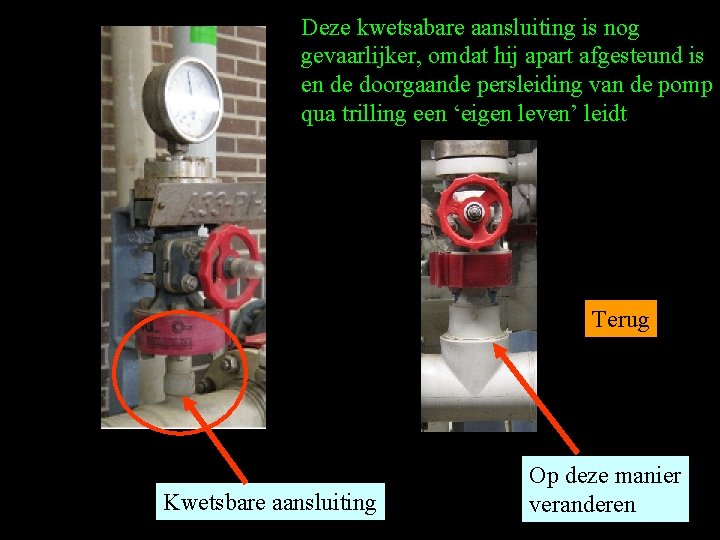 Deze kwetsabare aansluiting is nog gevaarlijker, omdat hij apart afgesteund is en de doorgaande