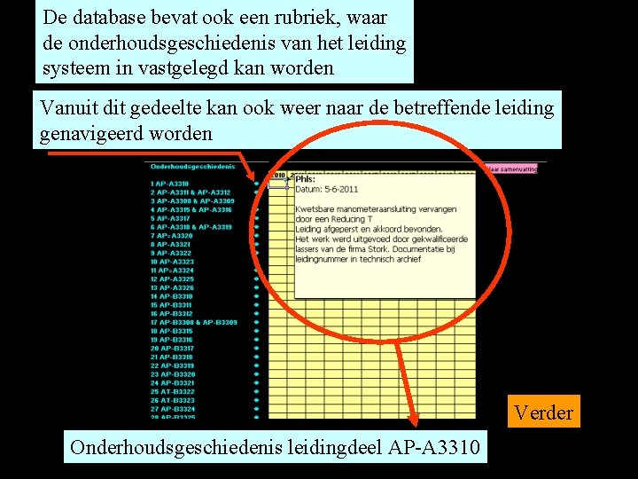 De database bevat ook een rubriek, waar de onderhoudsgeschiedenis van het leiding systeem in