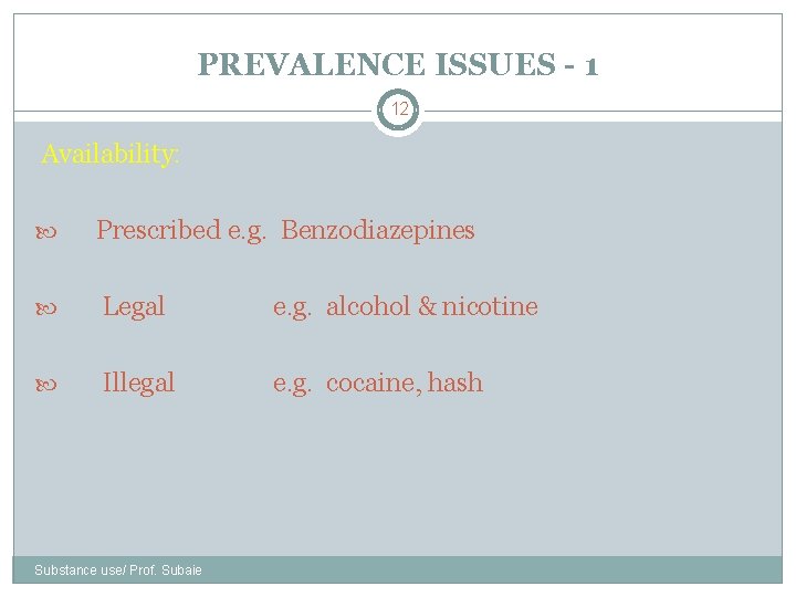 PREVALENCE ISSUES - 1 12 Availability: Prescribed e. g. Benzodiazepines Legal e. g. alcohol