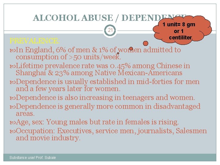 ALCOHOL ABUSE / DEPENDENCE 21 1 unit= 8 gm or 1 centiliter PREVALENCE: In