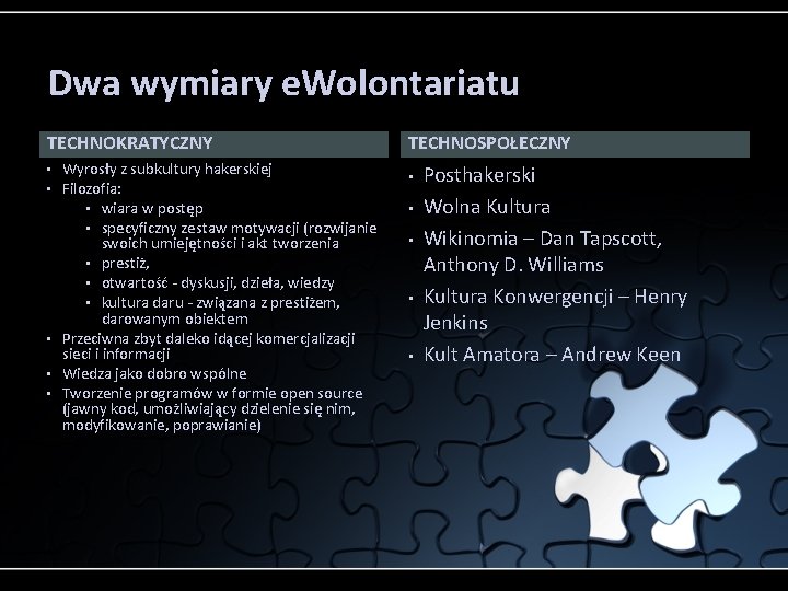 Dwa wymiary e. Wolontariatu TECHNOKRATYCZNY • • • Wyrosły z subkultury hakerskiej Filozofia: •