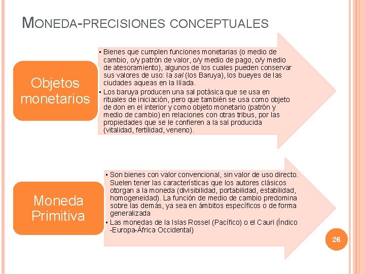 MONEDA-PRECISIONES CONCEPTUALES Objetos monetarios Moneda Primitiva • Bienes que cumplen funciones monetarias (o medio