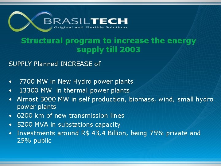 Structural program to increase the energy supply till 2003 SUPPLY Planned INCREASE of •