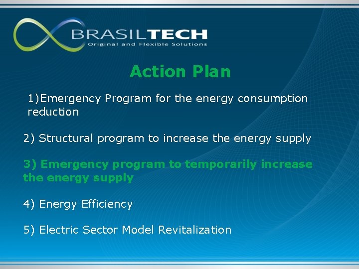 Action Plan 1)Emergency Program for the energy consumption reduction 2) Structural program to increase