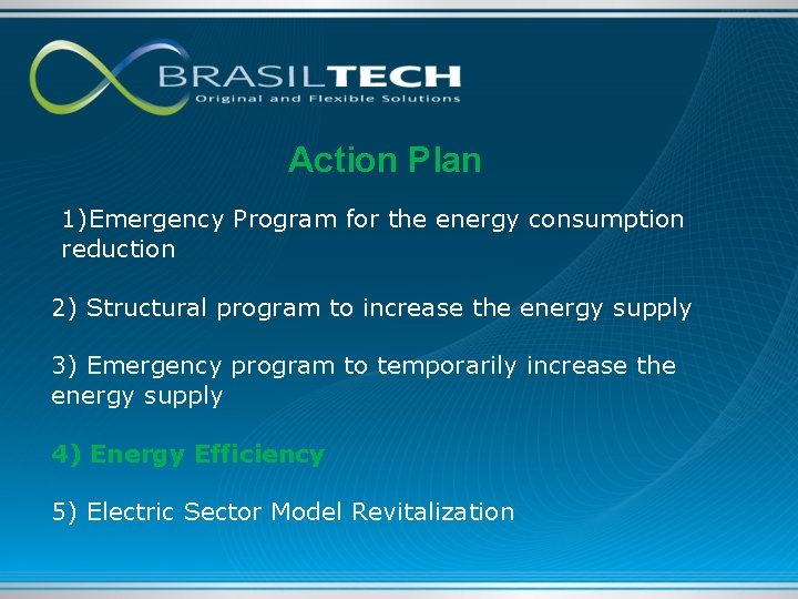 Action Plan 1)Emergency Program for the energy consumption reduction 2) Structural program to increase