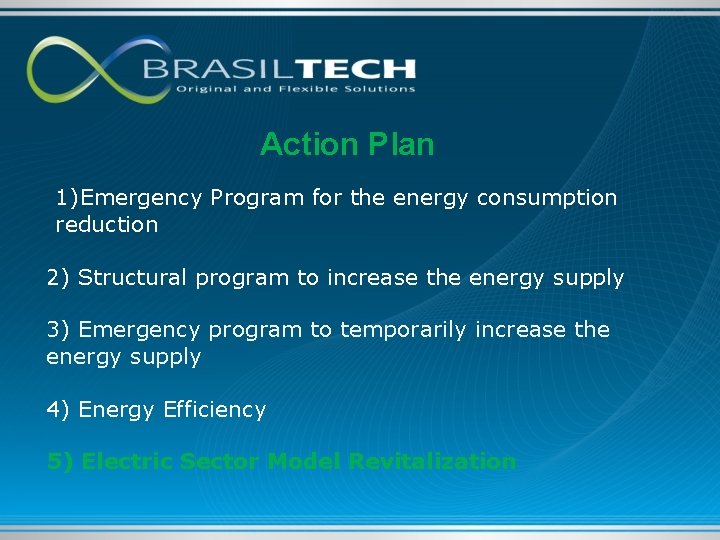 Action Plan 1)Emergency Program for the energy consumption reduction 2) Structural program to increase