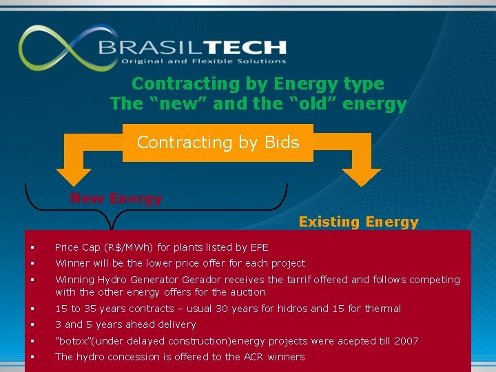 Contracting by Energy type The “new” and the “old” energy Contracting by Bids New