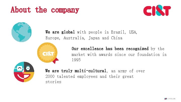 About the company We are global with people in Brazil, USA, Europe, Australia, Japan