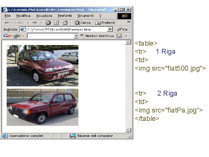 <table> <tr> 1 Riga <td> <img src="fiat 500. jpg"> <tr> 2 Riga <td> <img