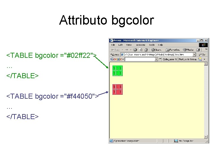Attributo bgcolor <TABLE bgcolor ="#02 ff 22"> … </TABLE> <TABLE bgcolor ="#f 44050"> …