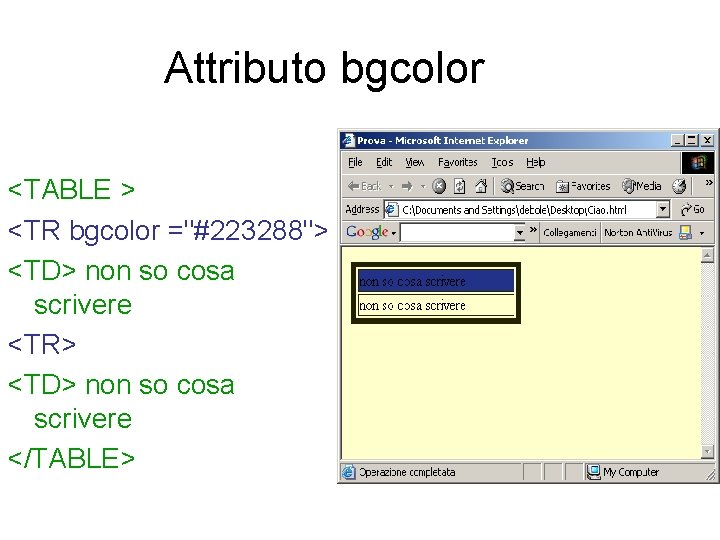 Attributo bgcolor <TABLE > <TR bgcolor ="#223288"> <TD> non so cosa scrivere <TR> <TD>