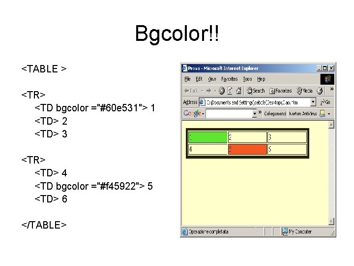 Bgcolor!! <TABLE > <TR> <TD bgcolor ="#60 e 531"> 1 <TD> 2 <TD> 3