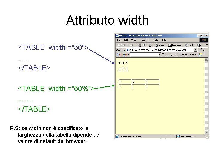 Attributo width <TABLE width ="50"> …. . </TABLE> <TABLE width ="50%"> ……. </TABLE> P.