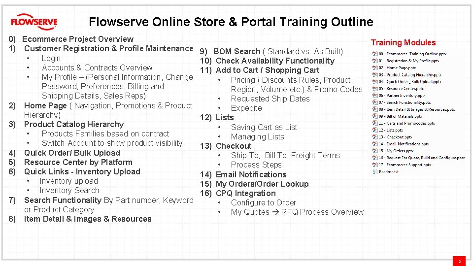 Flowserve Online Store & Portal Training Outline 0) Ecommerce Project Overview 1) Customer Registration