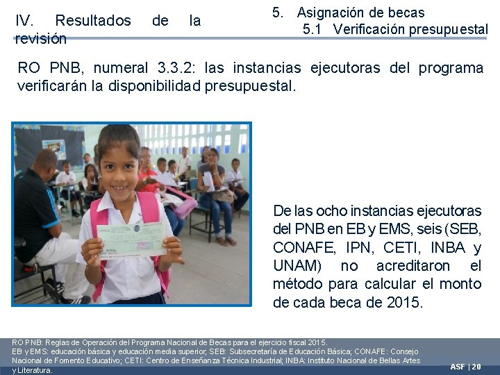 IV. Resultados revisión de la 5. Asignación de becas 5. 1 Verificación presupuestal RO