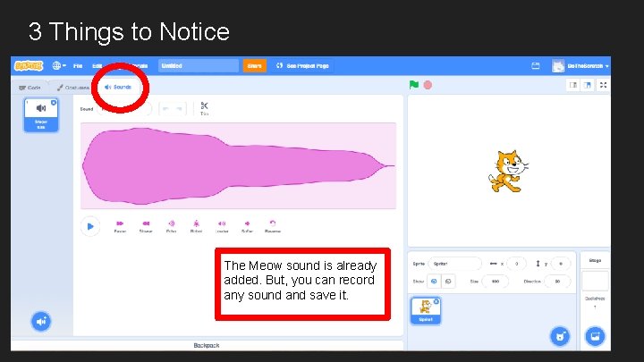 3 Things to Notice The Meow sound is already added. But, you can record