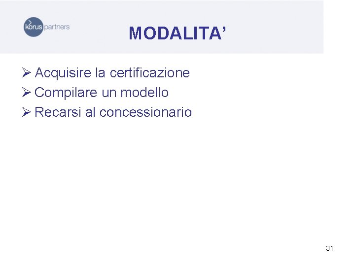 MODALITA’ Ø Acquisire la certificazione Ø Compilare un modello Ø Recarsi al concessionario 31