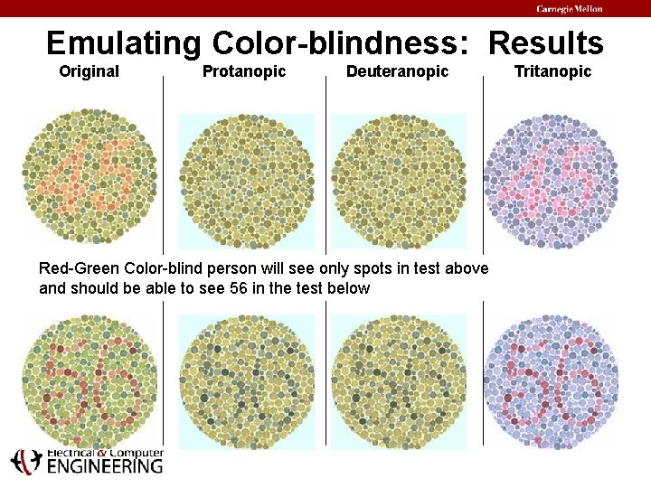 Emulating Color-blindness: Results Original Protanopic Deuteranopic Red-Green Color-blind person will see only spots in