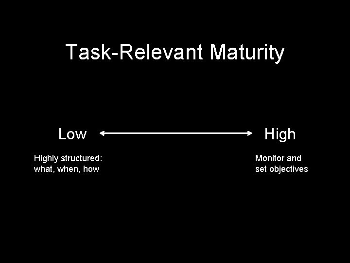 Task-Relevant Maturity Low Highly structured: what, when, how High Monitor and set objectives 