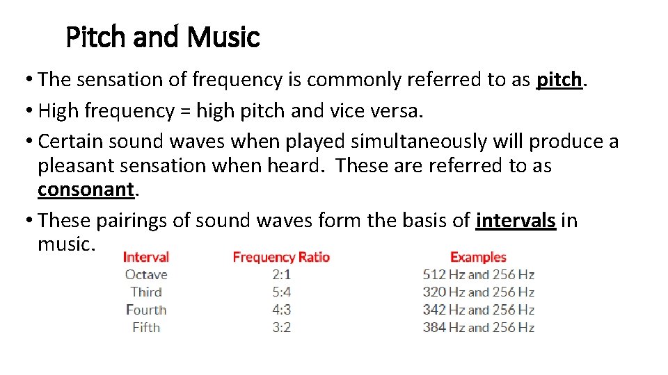 Pitch and Music • The sensation of frequency is commonly referred to as pitch.