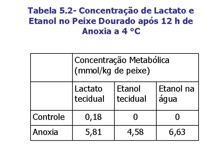 Tabela 5. 2 - Concentração de Lactato e Etanol no Peixe Dourado após 12