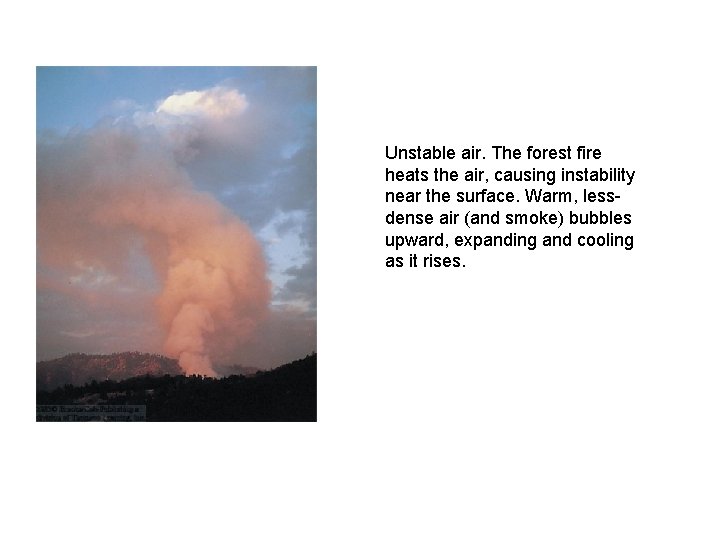 Unstable air. The forest fire heats the air, causing instability near the surface. Warm,