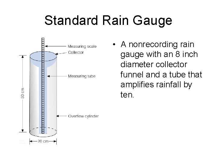 Standard Rain Gauge • A nonrecording rain gauge with an 8 inch diameter collector