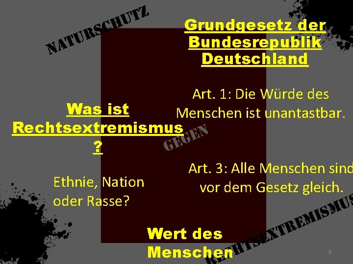 Grundgesetz der Bundesrepublik Deutschland Art. 1: Die Würde des Was ist Menschen ist unantastbar.