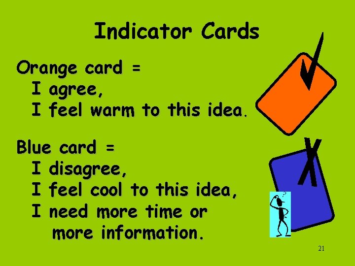 Indicator Cards Orange card = I agree, I feel warm to this idea. Blue