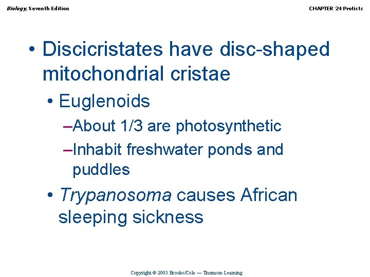 Biology, Seventh Edition CHAPTER 24 Protists • Discicristates have disc-shaped mitochondrial cristae • Euglenoids