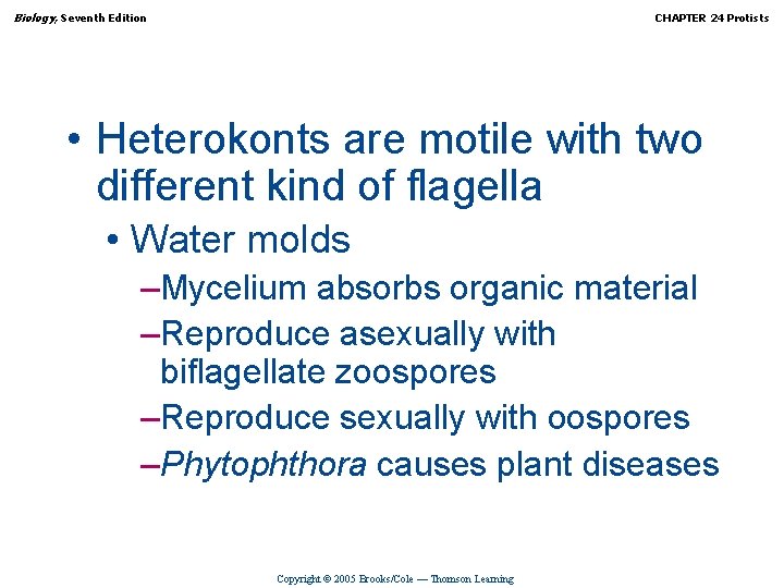 Biology, Seventh Edition CHAPTER 24 Protists • Heterokonts are motile with two different kind