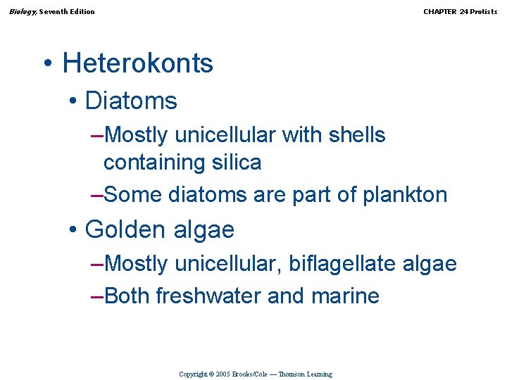 Biology, Seventh Edition CHAPTER 24 Protists • Heterokonts • Diatoms –Mostly unicellular with shells