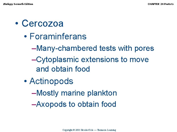 Biology, Seventh Edition CHAPTER 24 Protists • Cercozoa • Foraminferans –Many-chambered tests with pores