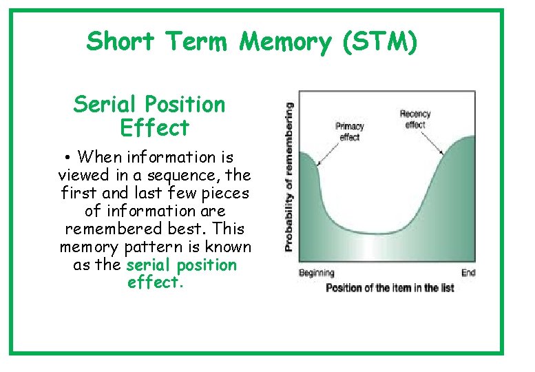 Short Term Memory (STM) Serial Position Effect • When information is viewed in a