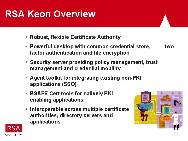 RSA Keon Overview • Robust, flexible Certificate Authority • Powerful desktop with common credential
