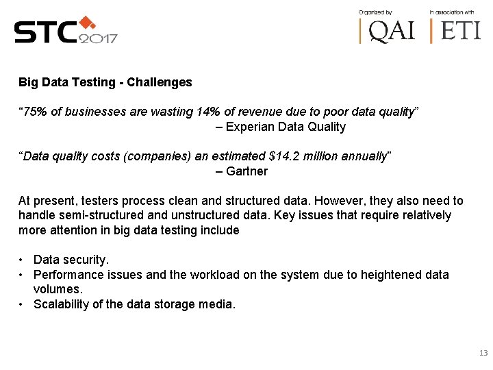 Big Data Testing - Challenges “ 75% of businesses are wasting 14% of revenue