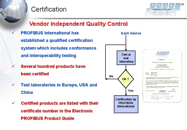 Certification Vendor Independent Quality Control ü PROFIBUS International has Each Device established a qualified