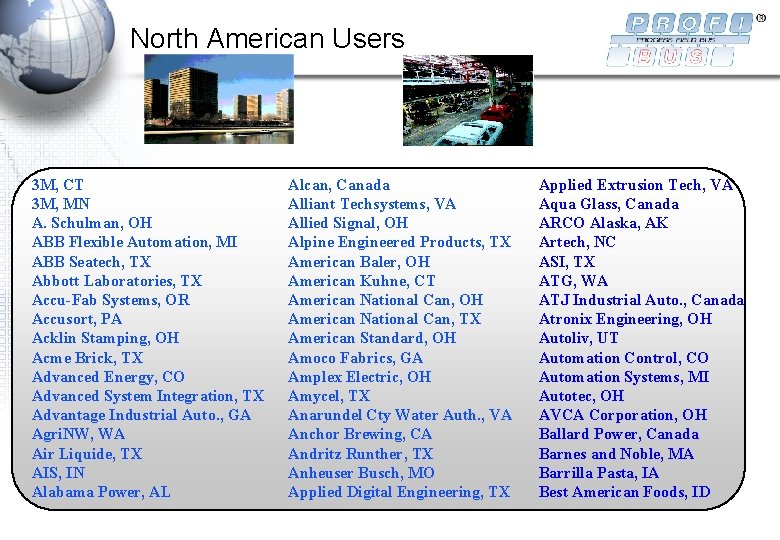 North American Users 3 M, CT 3 M, MN A. Schulman, OH ABB Flexible