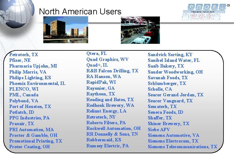 North American Users Petrotech, TX Pfizer, NE Pharmacia Upjohn, MI Philip Morris, VA Philips North American Users Petrotech, TX Pfizer, NE Pharmacia Upjohn, MI Philip Morris, VA Philips