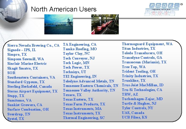 North American Users Sierra Nevada Brewing Co. , CA Signode – IPS, IL Simpro,