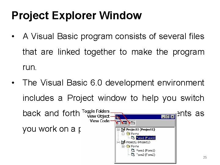 Project Explorer Window • A Visual Basic program consists of several files that are