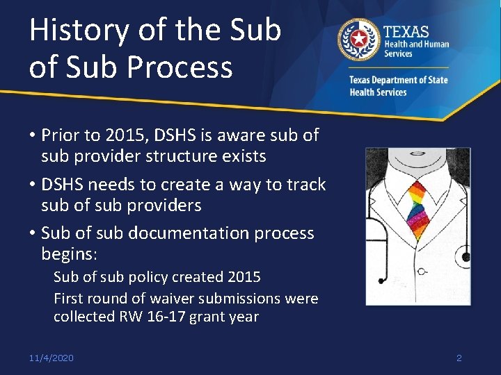 History of the Sub of Sub Process • Prior to 2015, DSHS is aware