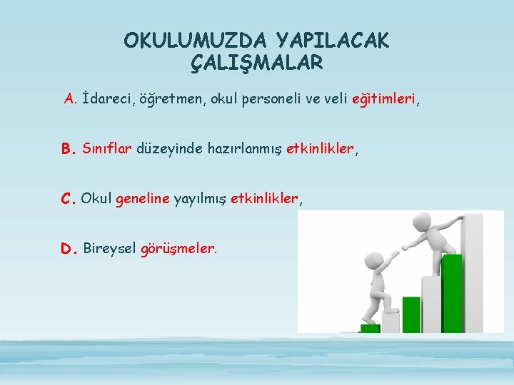 OKULUMUZDA YAPILACAK ÇALIŞMALAR A. İdareci, öğretmen, okul personeli ve veli eğitimleri, B. Sınıflar düzeyinde