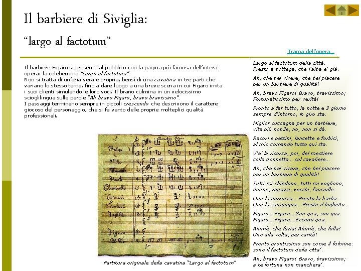 Il barbiere di Siviglia: “largo al factotum” Il barbiere Figaro si presenta al pubblico