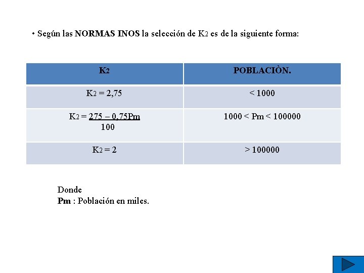  • Según las NORMAS INOS la selección de K 2 es de la