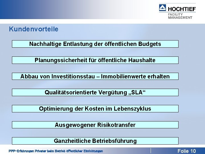Kundenvorteile Nachhaltige Entlastung der öffentlichen Budgets Planungssicherheit für öffentliche Haushalte Abbau von Investitionsstau –