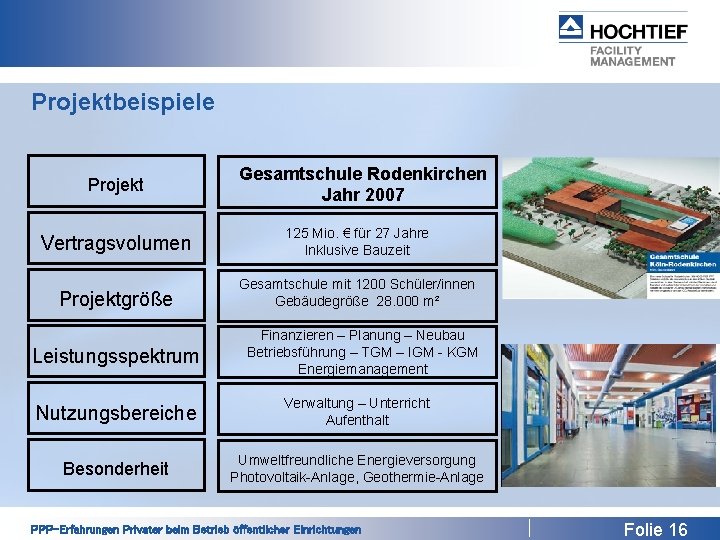 Projektbeispiele Projekt Gesamtschule Rodenkirchen Jahr 2007 Vertragsvolumen 125 Mio. € für 27 Jahre Inklusive