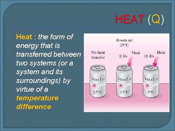 HEAT (Q) Heat : the form of energy that is transferred between two systems